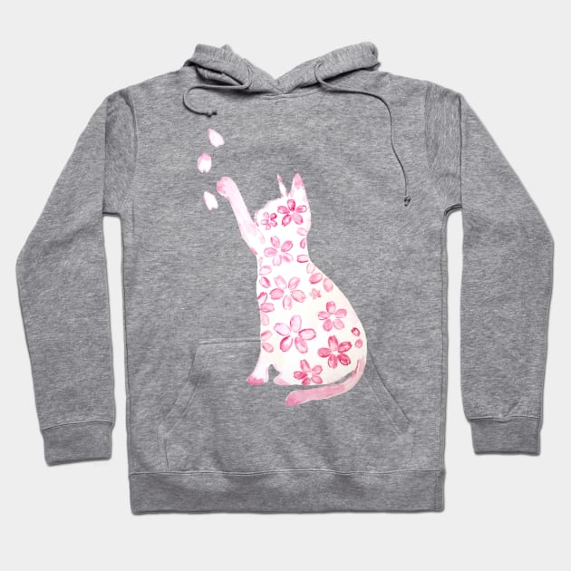 pink cat and cherry flowers watercolor Hoodie by colorandcolor